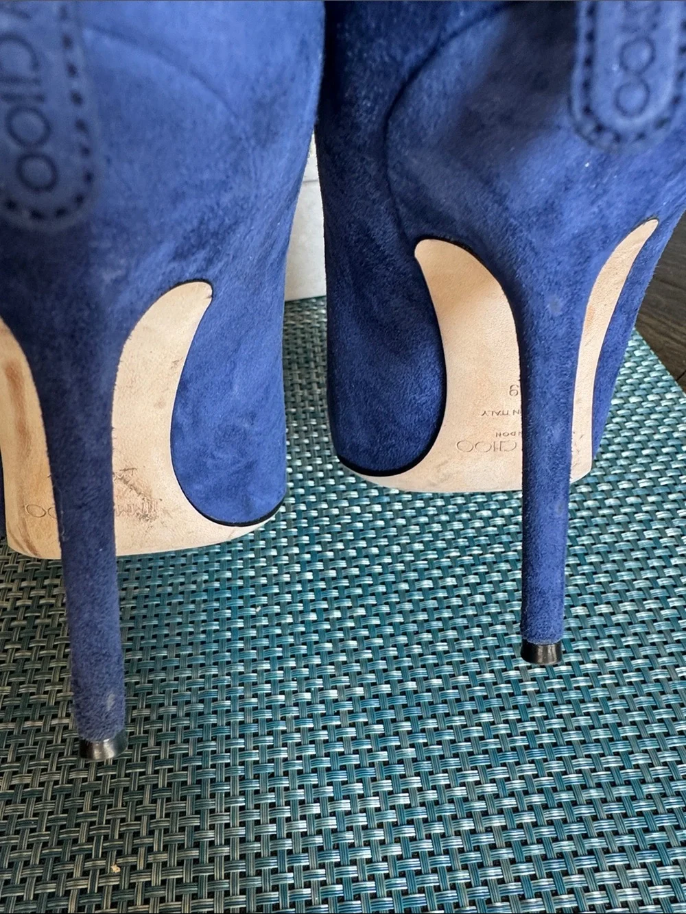 Jimmy Choo Blue Suede Stiletto Booties with Crystal Anklet